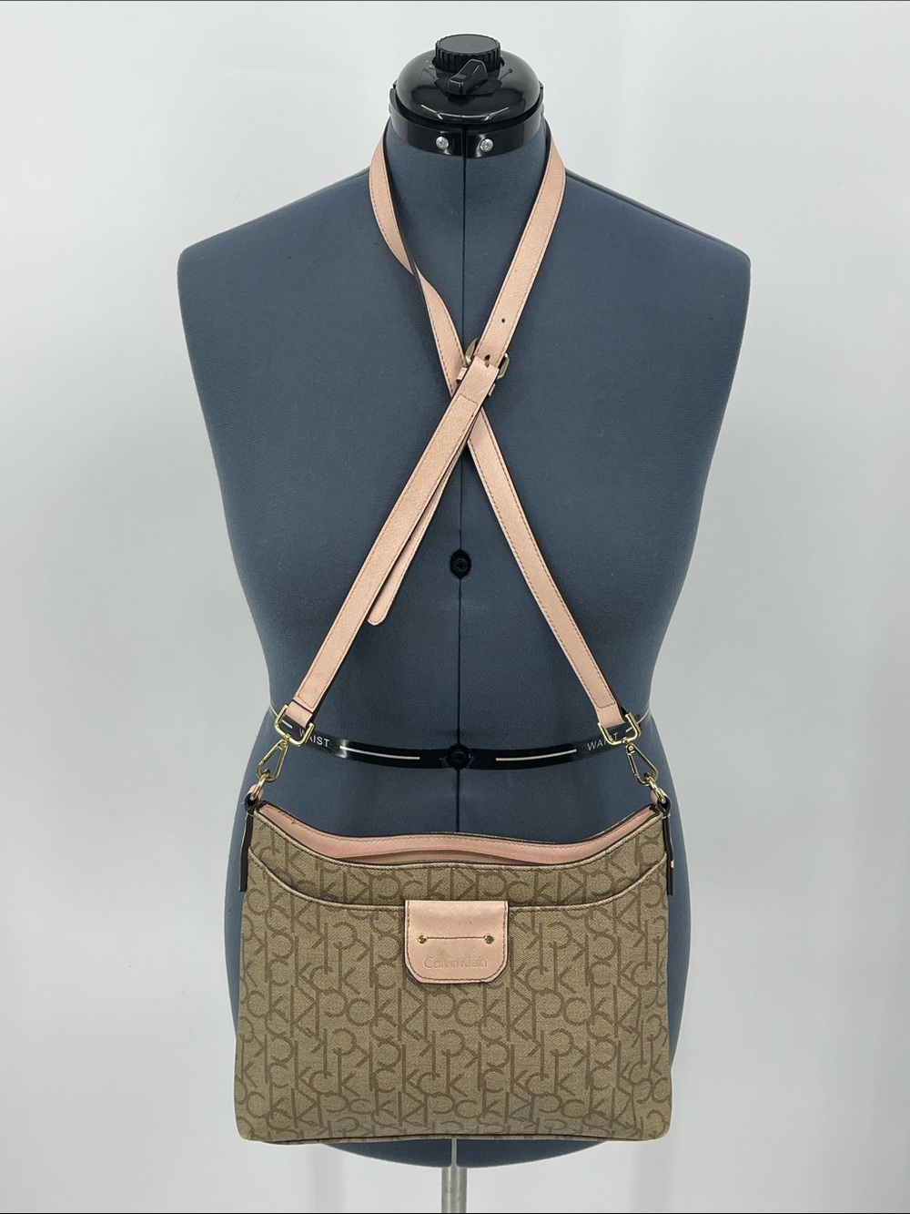 Calvin Klein Beige Monogram Crossbody with Pink Trim